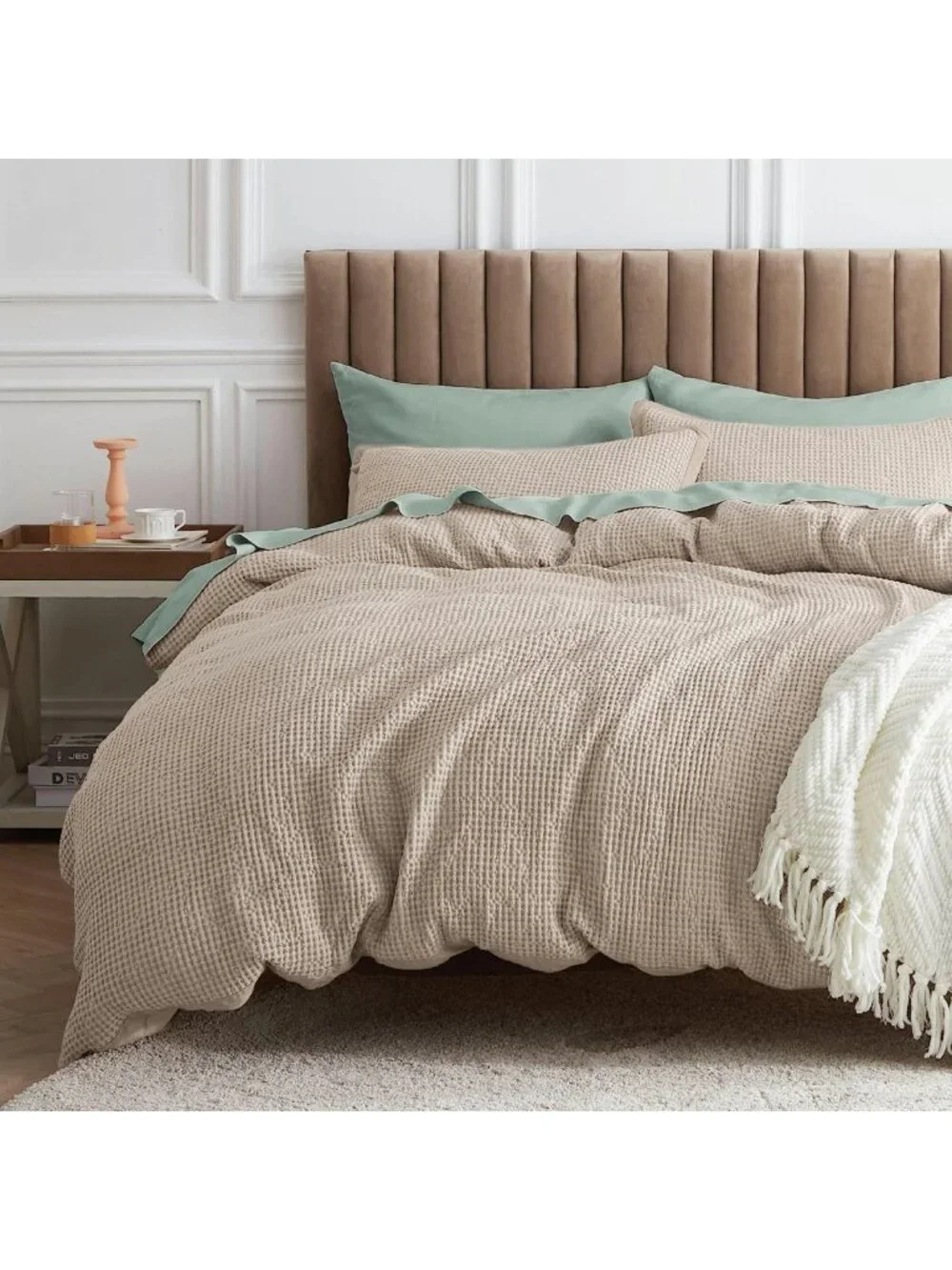 Cozy Twin Waffle Comforter Set - Soft Cotton, Khaki Color, Perfect for Bedroom